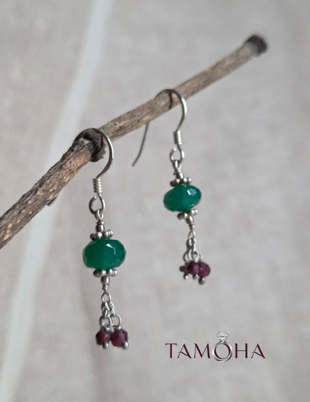 925 Silver Green And Ruby Colour Earrings