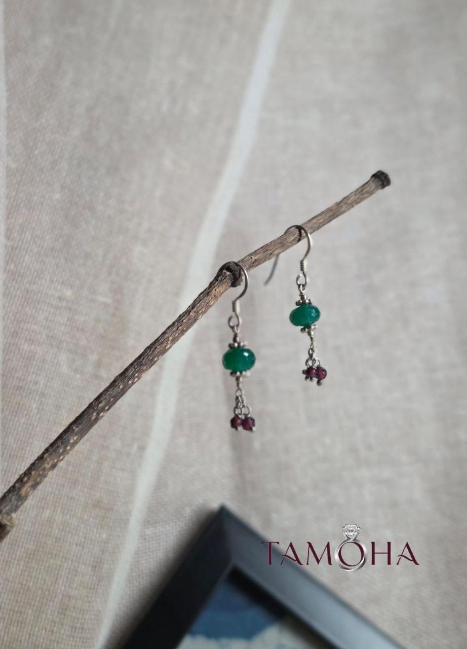 925 Silver Green And Ruby Colour Earrings view 2