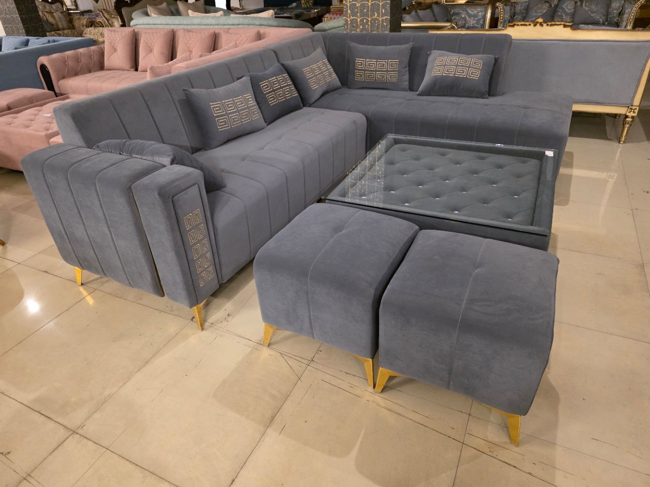 Modern L-Shape Corner Sofa Set with Ottoman & Glass Table view 2