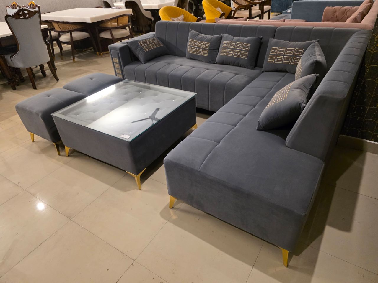 Modern L-Shape Corner Sofa Set with Ottoman & Glass Table view 3