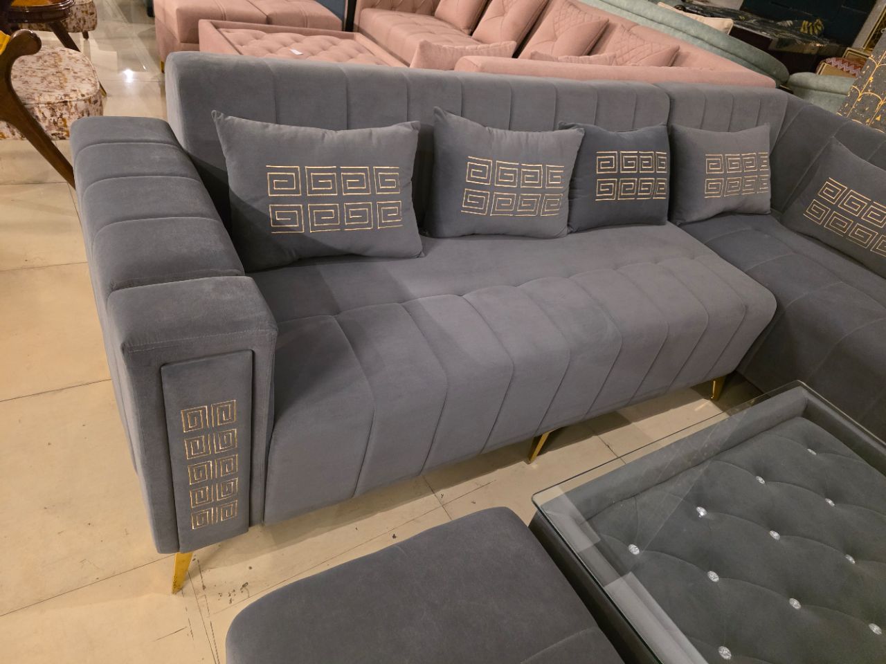 Modern L-Shape Corner Sofa Set with Ottoman & Glass Table view 4