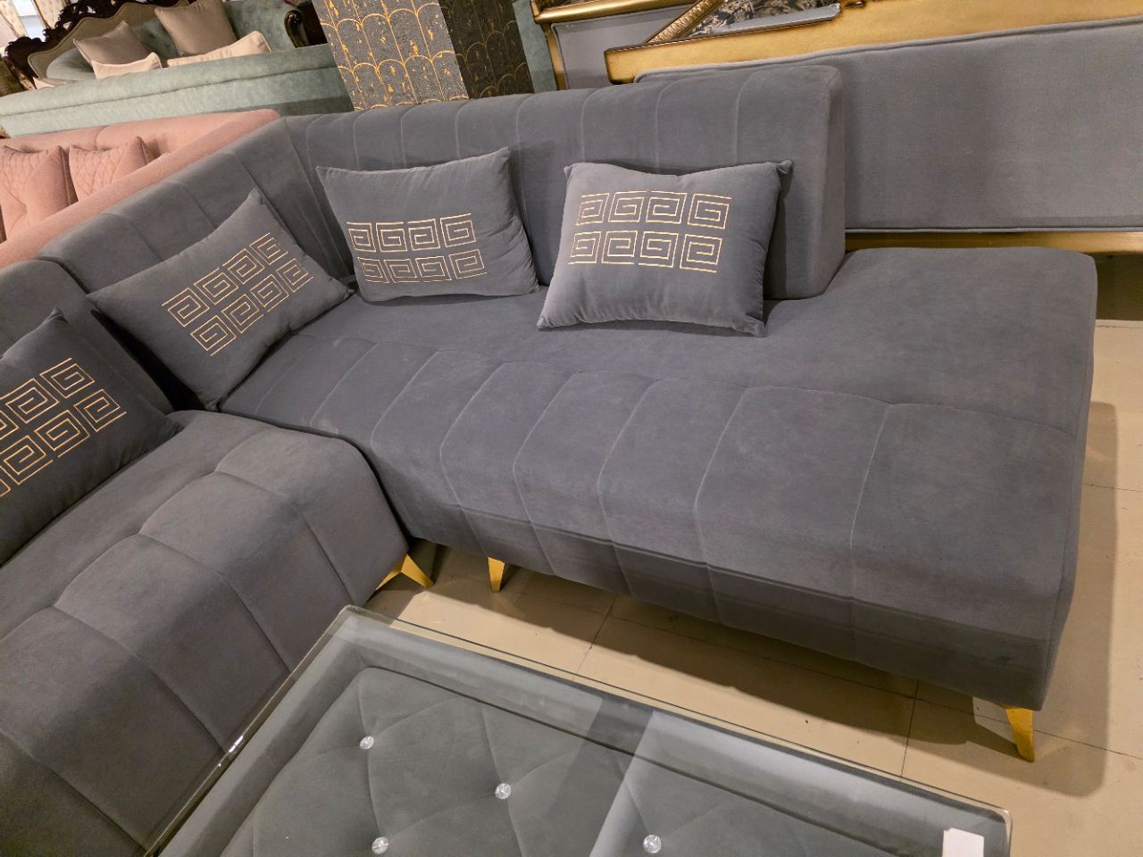 Modern L-Shape Corner Sofa Set with Ottoman & Glass Table view 5