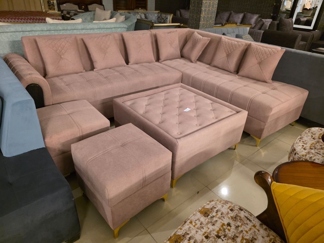 Blush Beige L-Shape Sofa Set with Ottoman & Stools view 2