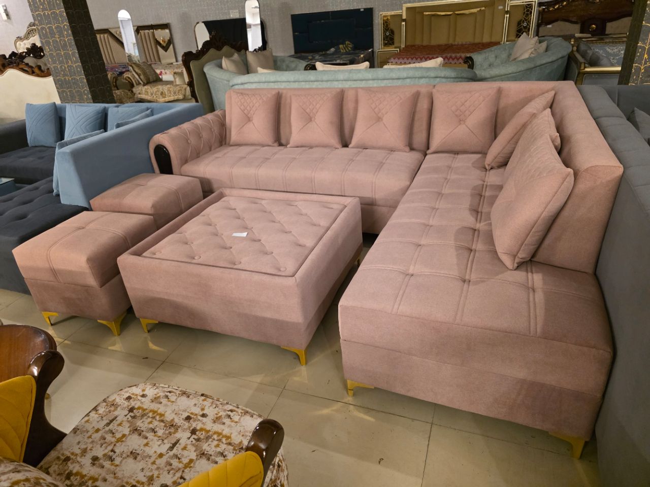 Blush Beige L-Shape Sofa Set with Ottoman & Stools view 3