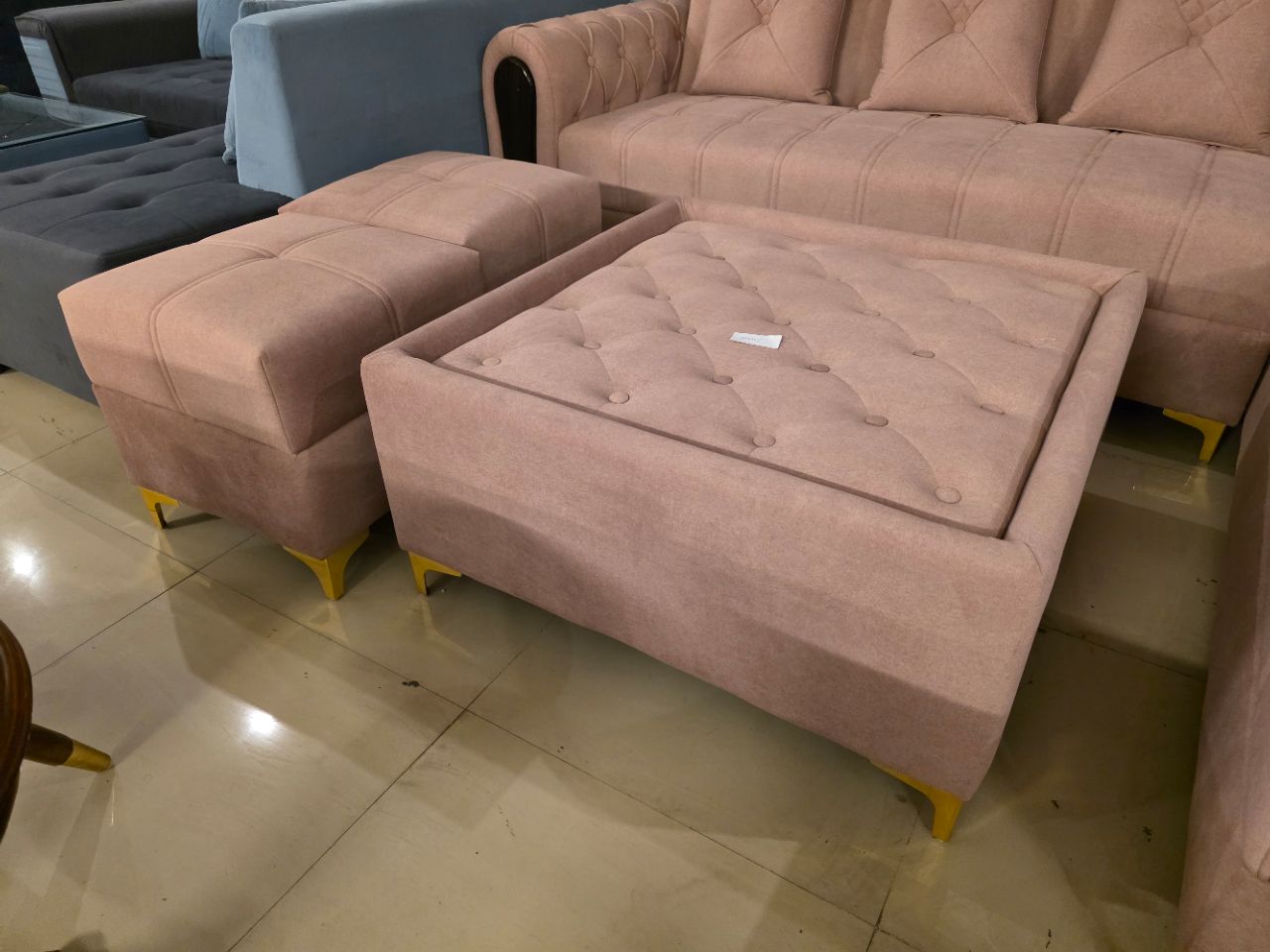 Blush Beige L-Shape Sofa Set with Ottoman & Stools view 4