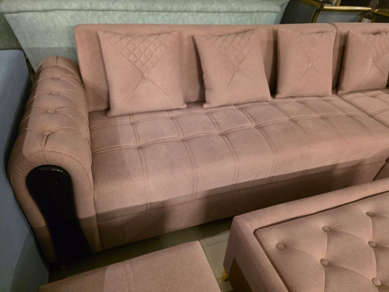 Blush Beige L-Shape Sofa Set with Ottoman & Stools view 5