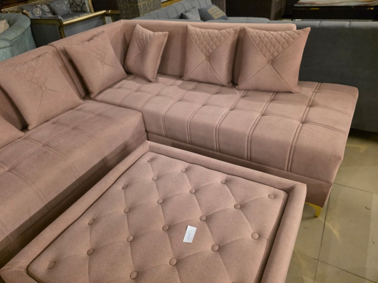 Blush Beige L-Shape Sofa Set with Ottoman & Stools view 6
