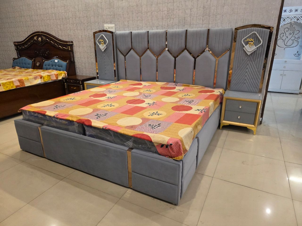Modern Grey Upholstered Bed with Panels view 2