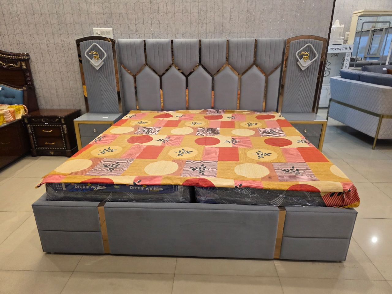 Modern Grey Upholstered Bed with Panels view 3