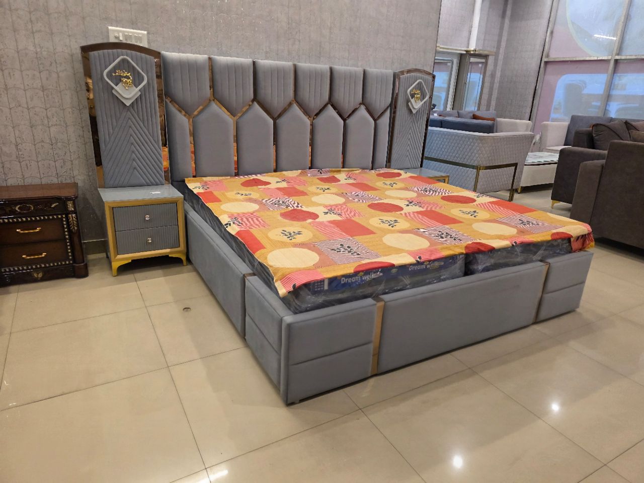 Modern Grey Upholstered Bed with Panels view 4