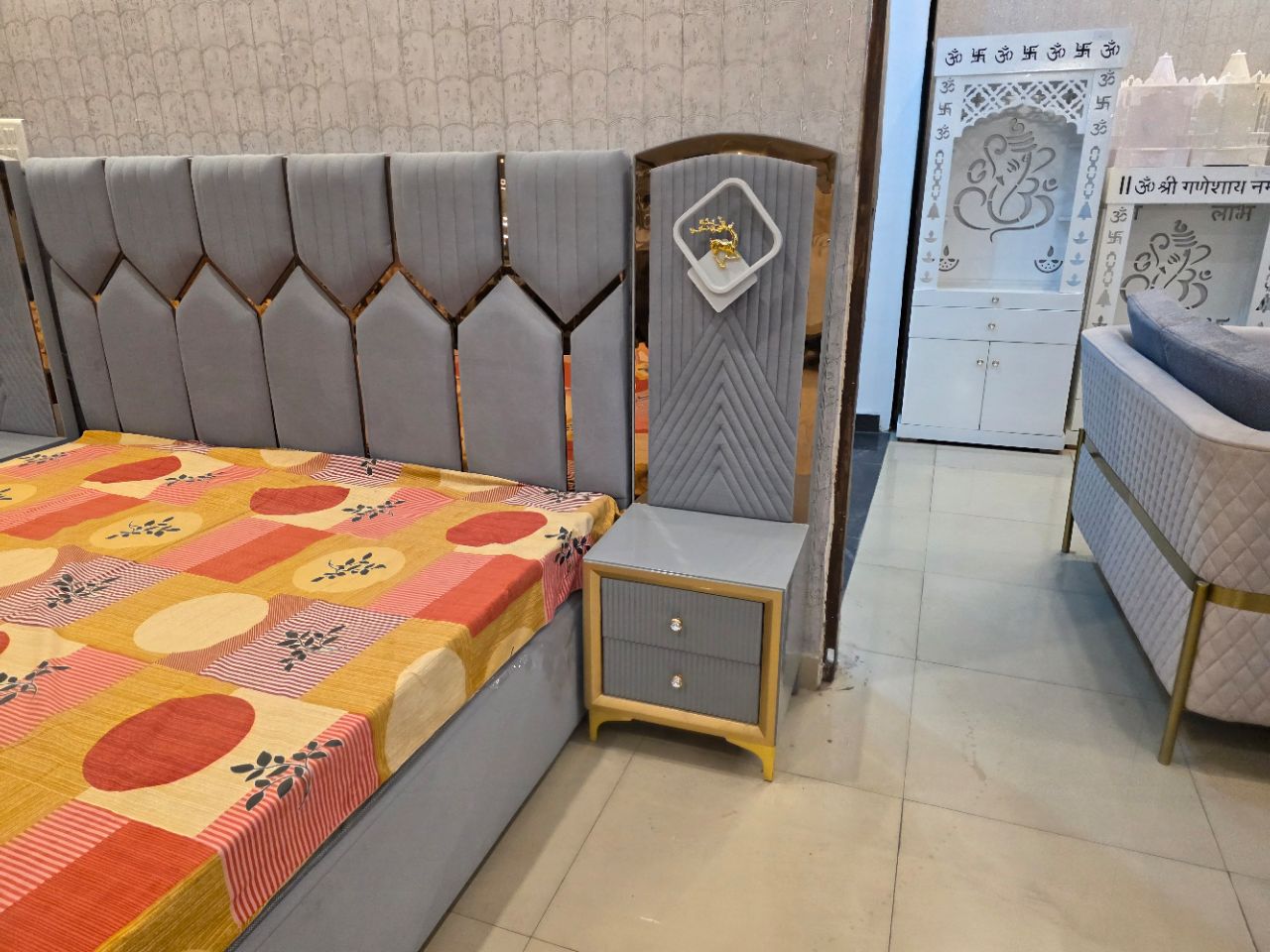Modern Grey Upholstered Bed with Panels view 5