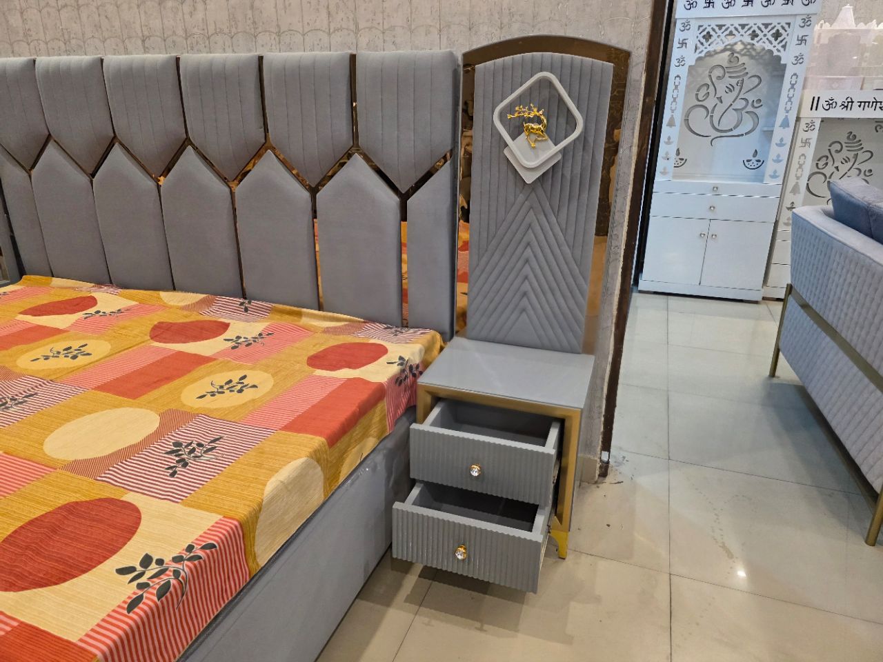 Modern Grey Upholstered Bed with Panels view 6