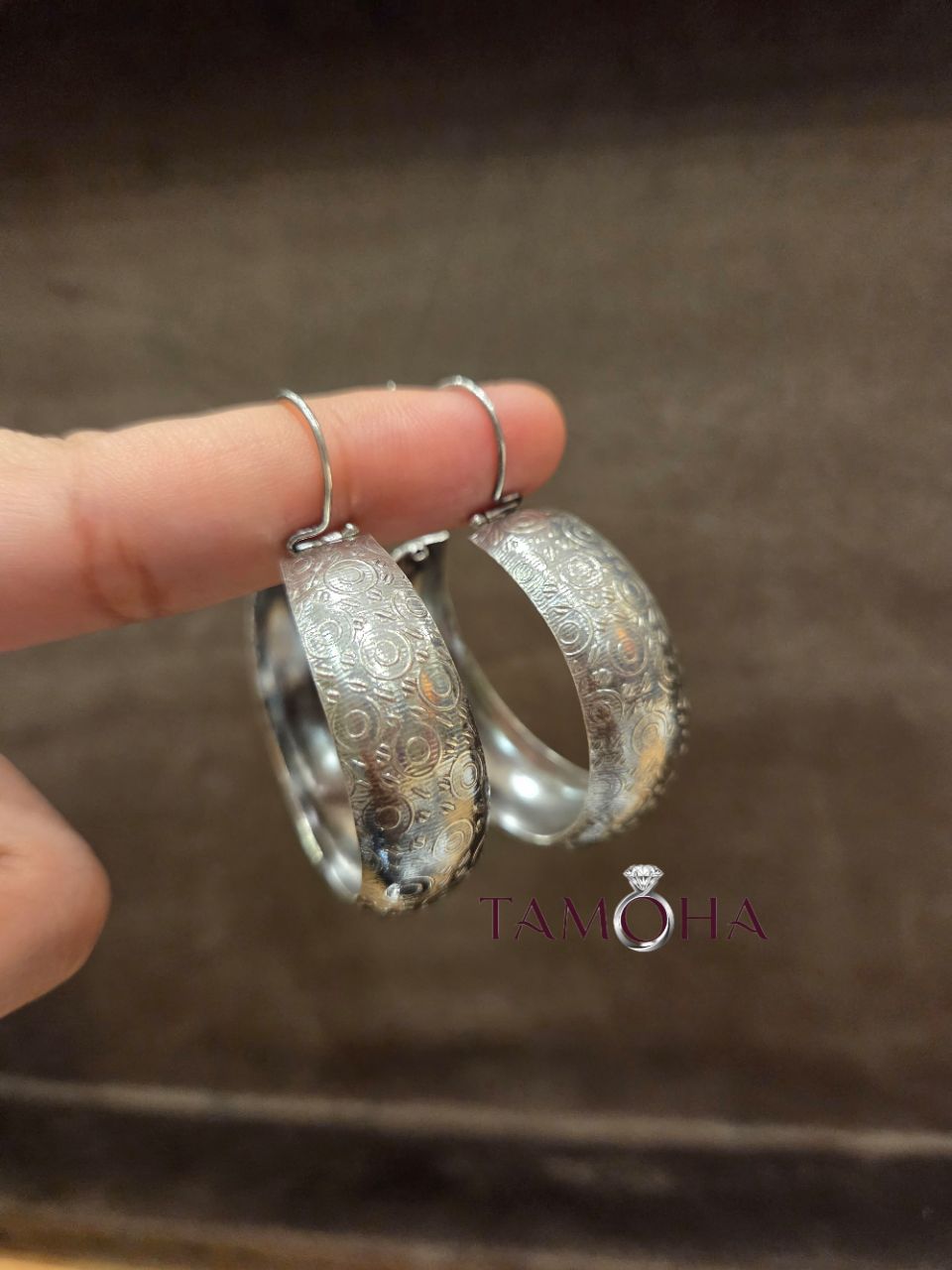 925 Silver Embossed Hoops by Tamoha view 3