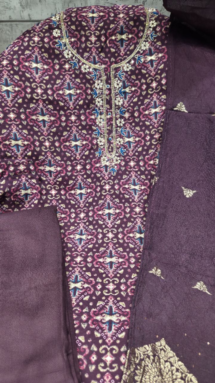 Elegant Purple Unstitched Suit view 3