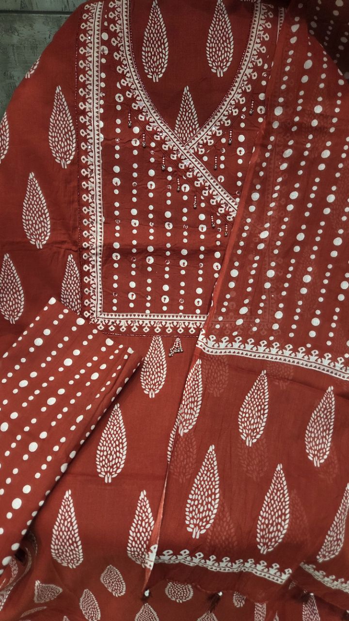 Red Printed Unstitched Suit view 3
