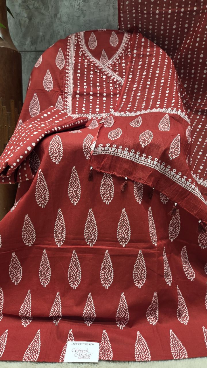 Red Printed Unstitched Suit view 2