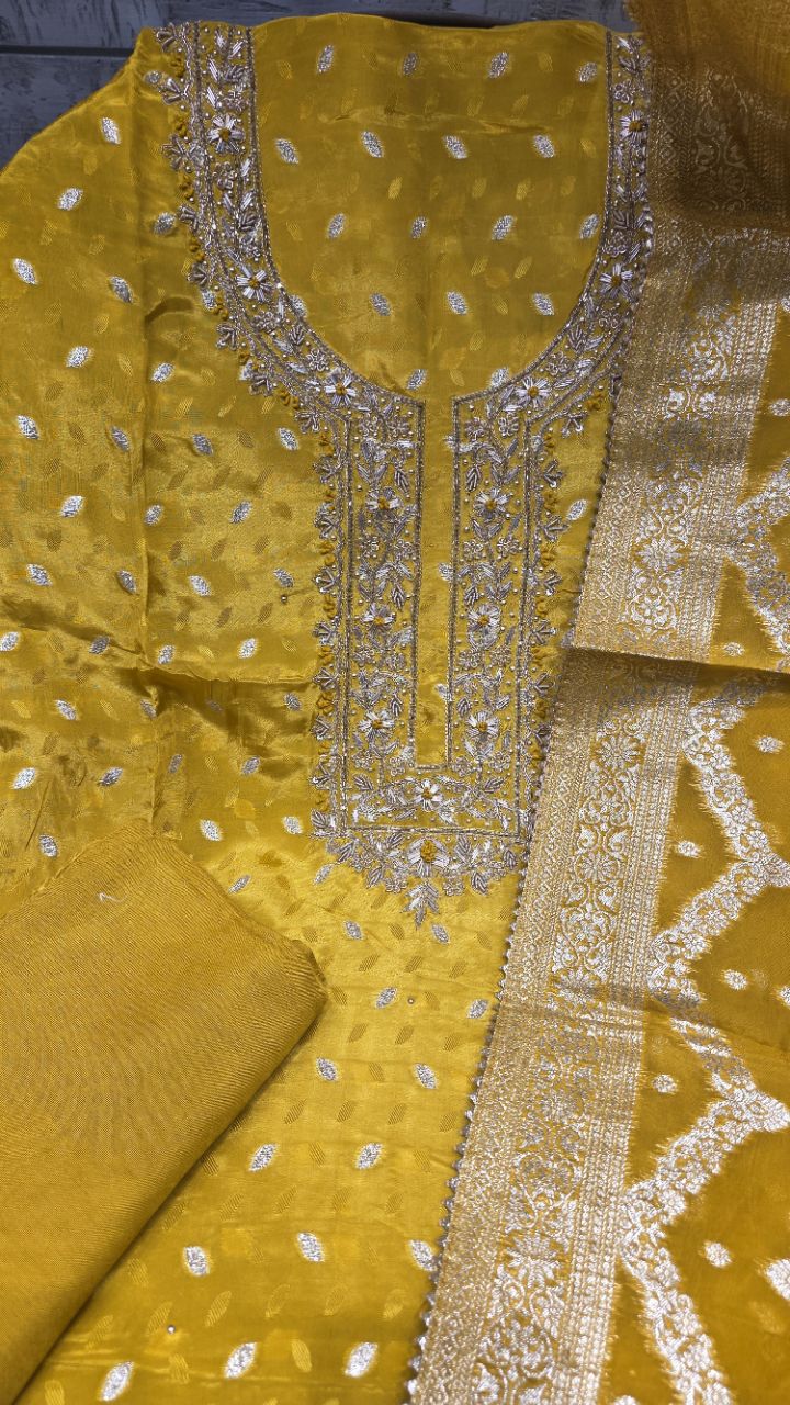 Yellow Ethnic Unstitched Suit view 3