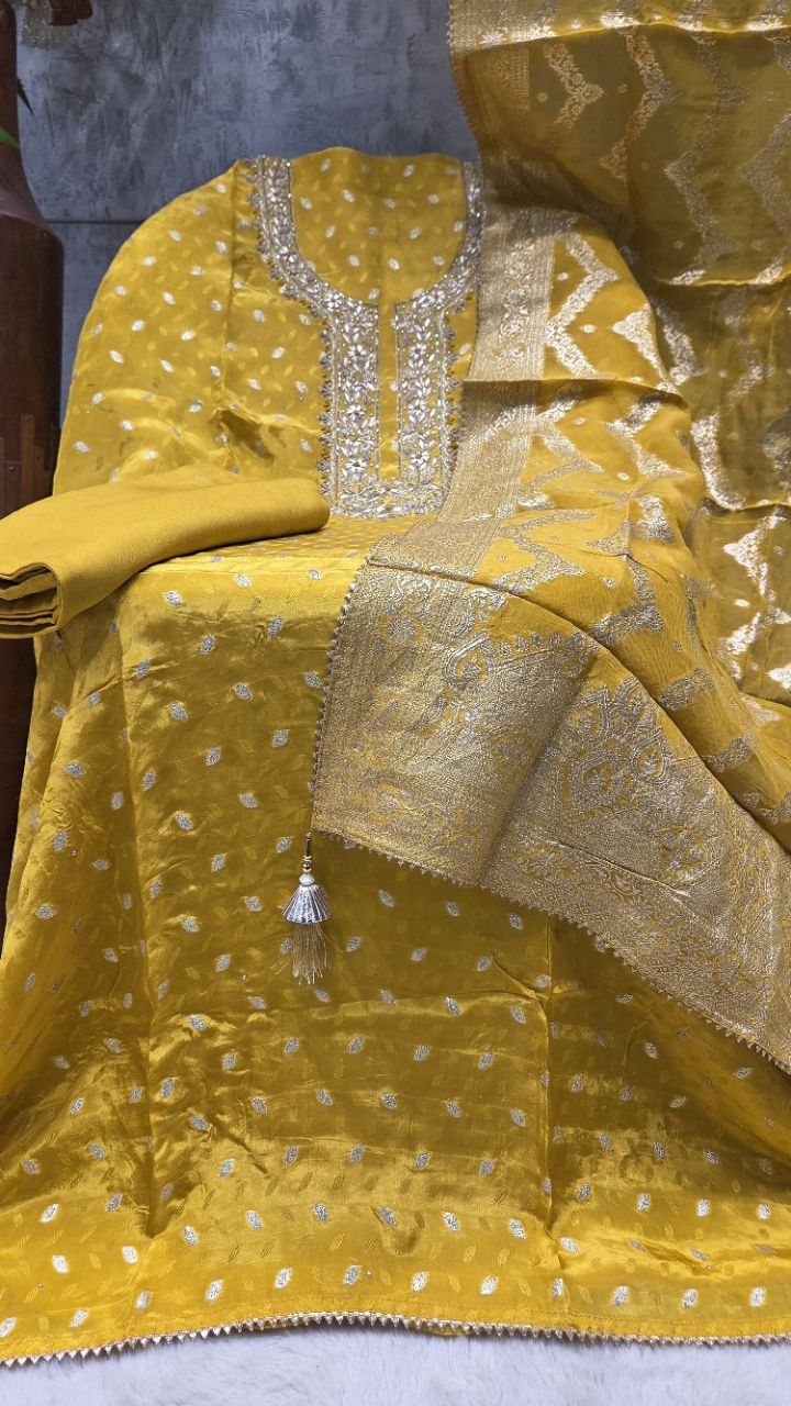 Yellow Ethnic Unstitched Suit view 2