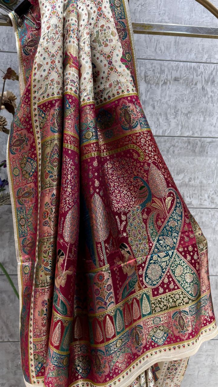 Cream Colour Soft Silk Pashmina Saree view 3