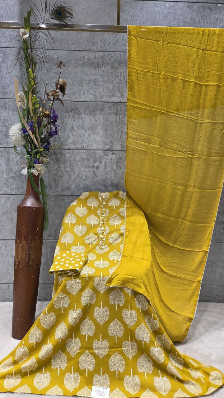 Mustard Floral Unstitched Suit