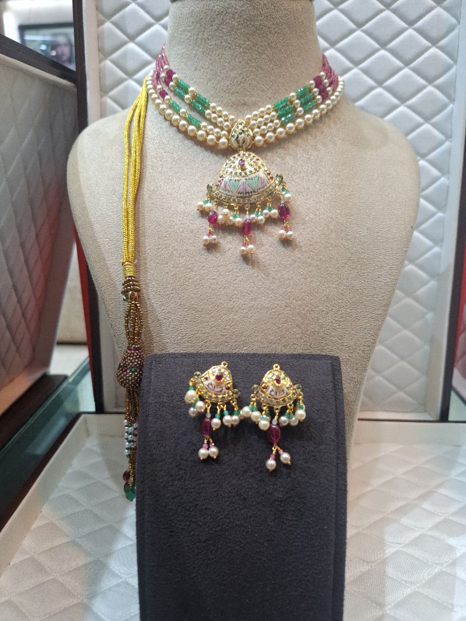 Traditional Silver Pearl and Meenakari Necklace Set view 2