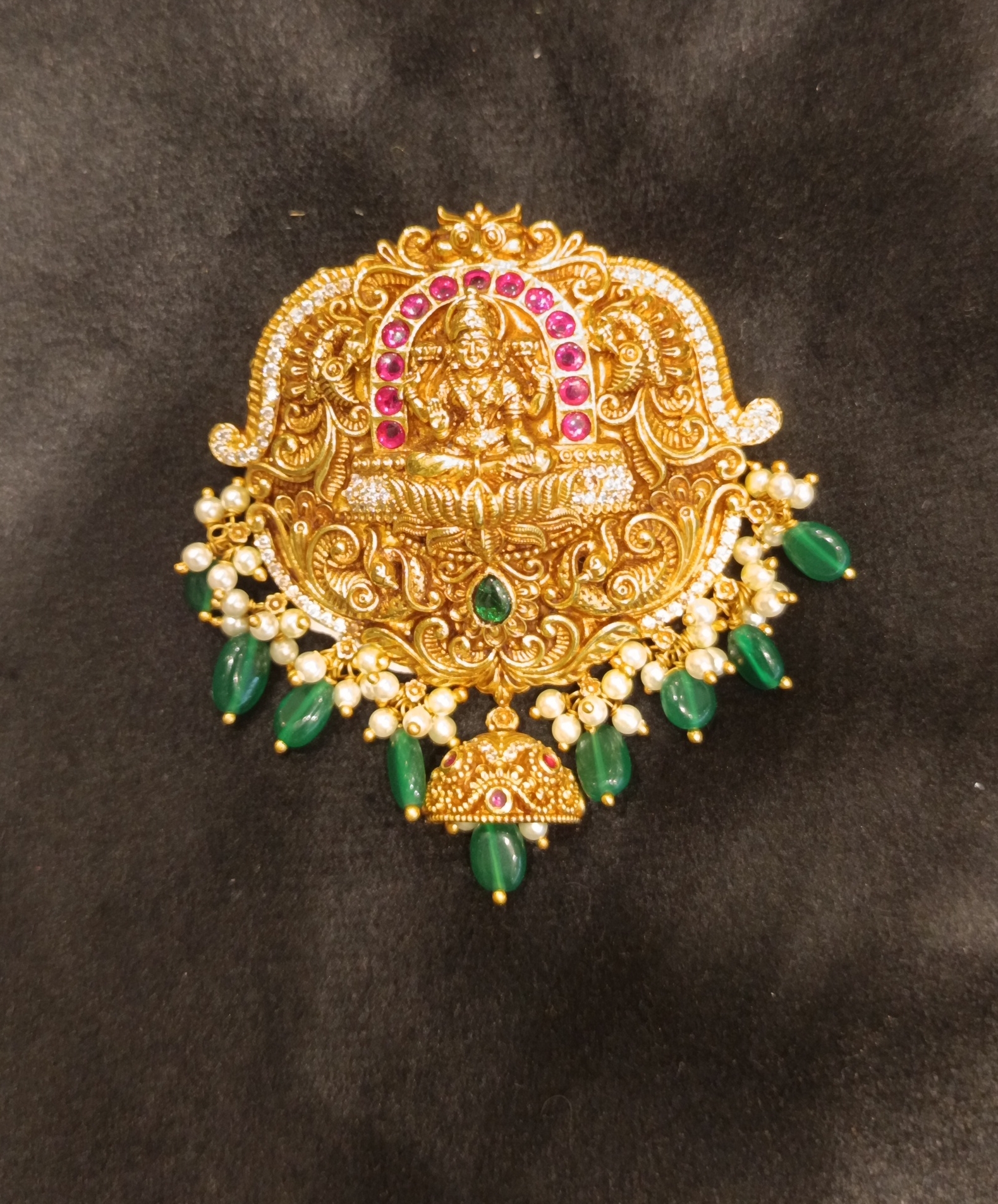 Traditional Gold Pendant with Pearls and Emeralds view 2