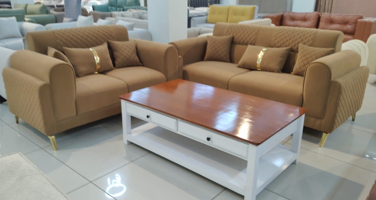 Tan Sofa Set with White-Wood Coffee Table view 2