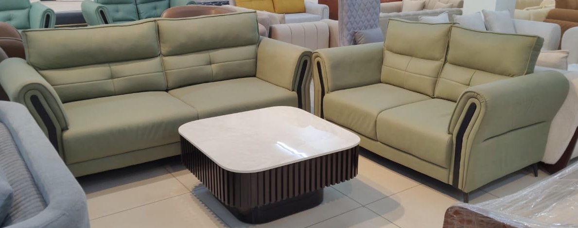 Green Sofa Set with Marble-Top Coffee Table view 2