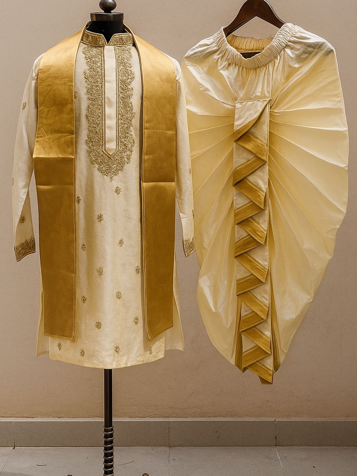 Golden Embroidered Kurta with Dhoti view 2