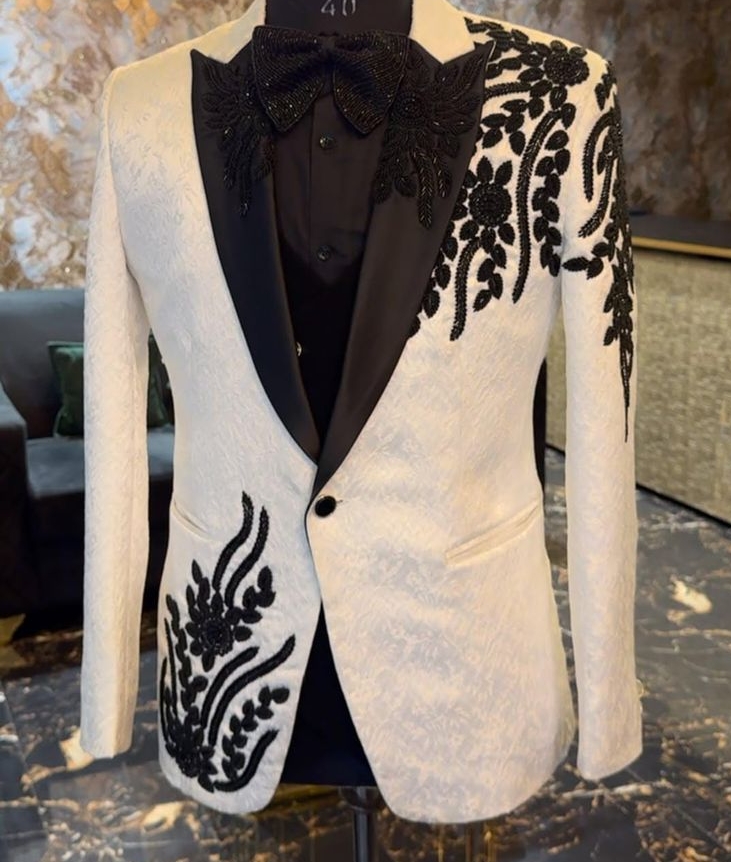 Embroidered Off White Dinner Jacket view 2