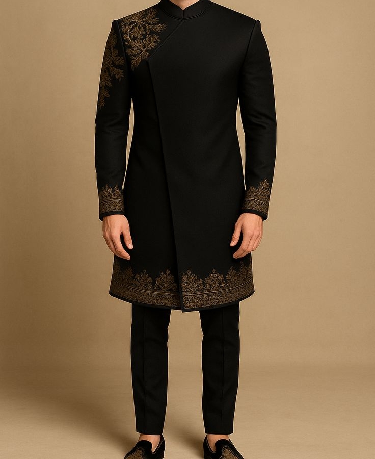Royal Embroidered Black /Dark Blue Sherwani view 2
