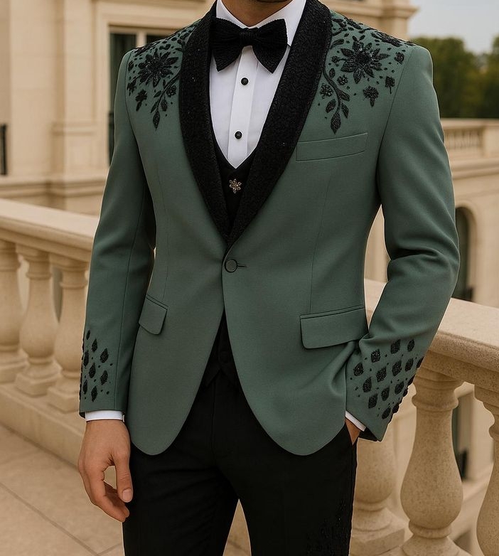 Designer Tuxedo Green Black Suit view 2