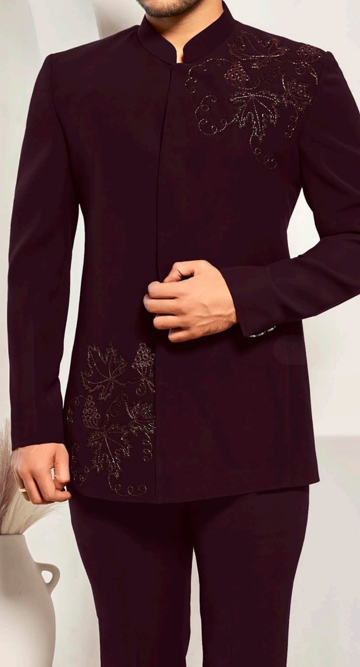 Royal Maroon Embroidered Bandgala Suit view 2