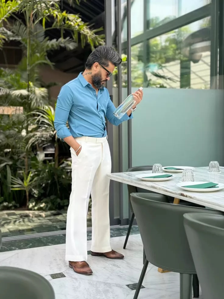 Blue Casual Shirt Off White Pant Combo view 2