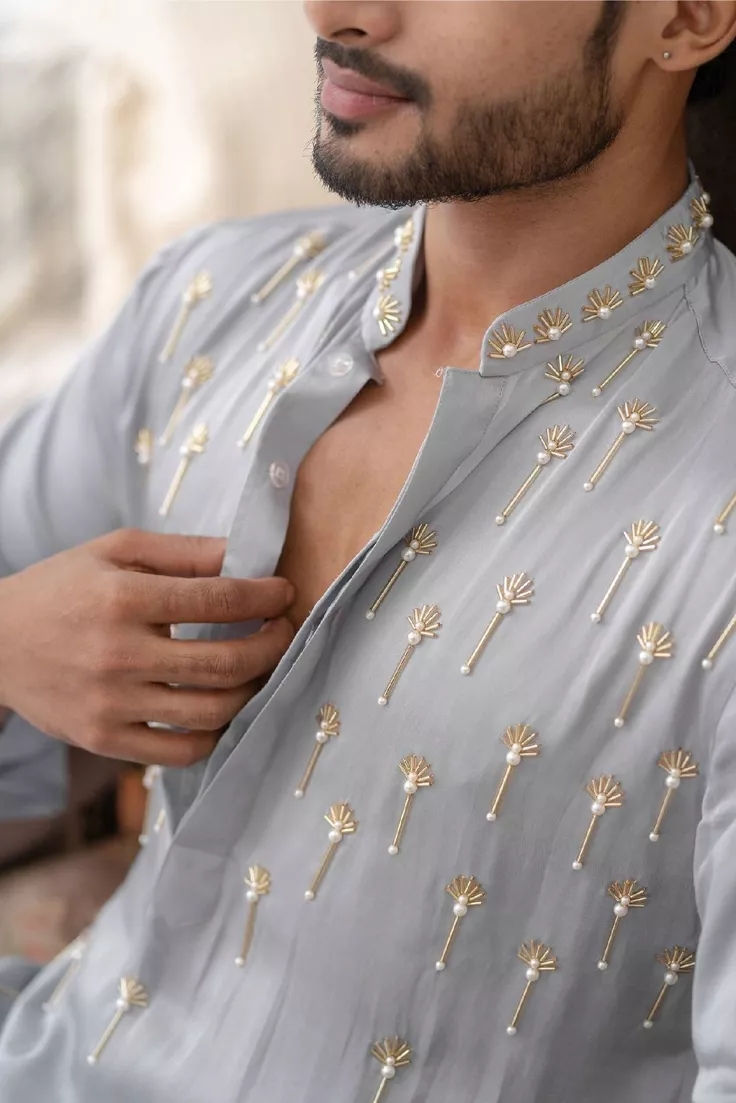 Mantra Gray Silk Embroidered Kurta view 2