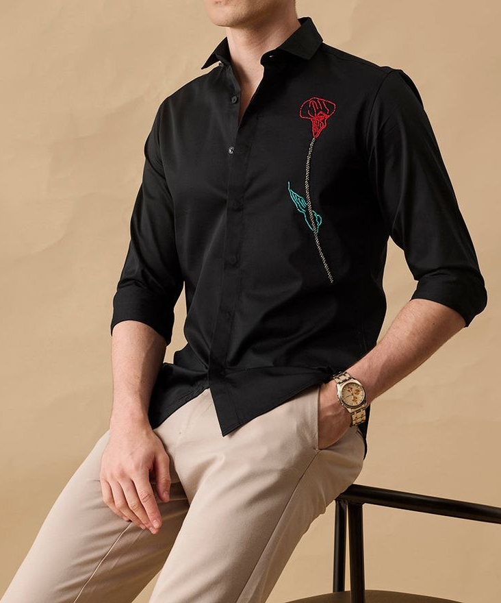 Embroidered Black Shirt Rose Pattern view 2
