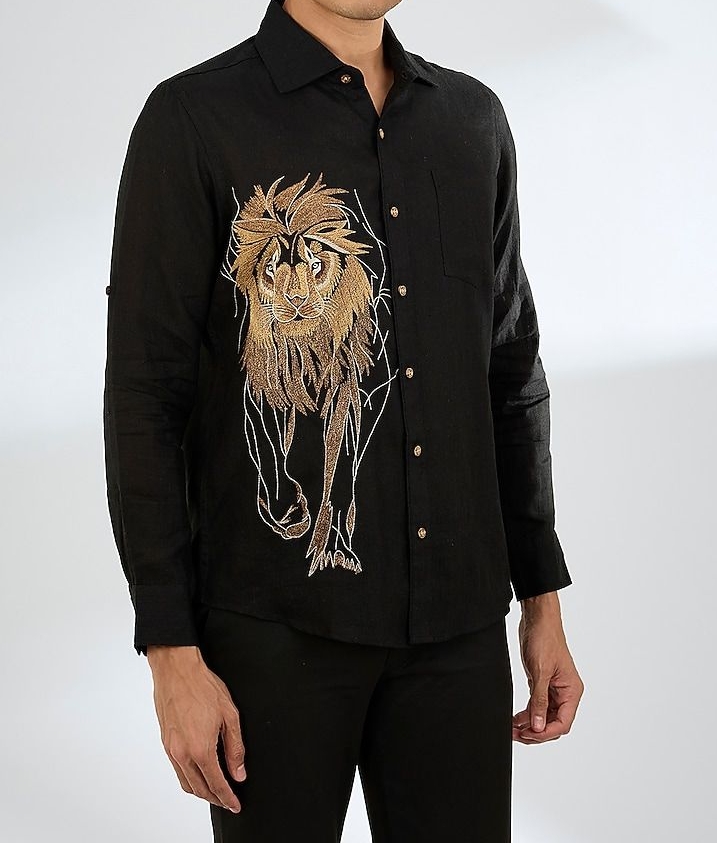 Lion Embroidered Black Shirt view 2