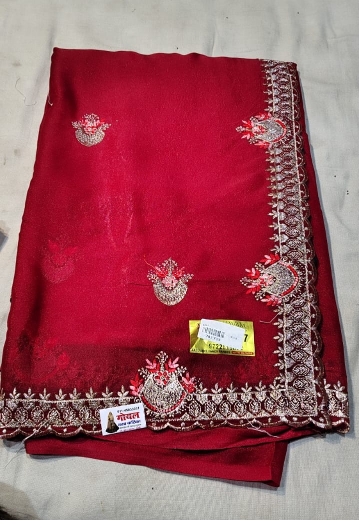 Red Embroidered Saree view 2