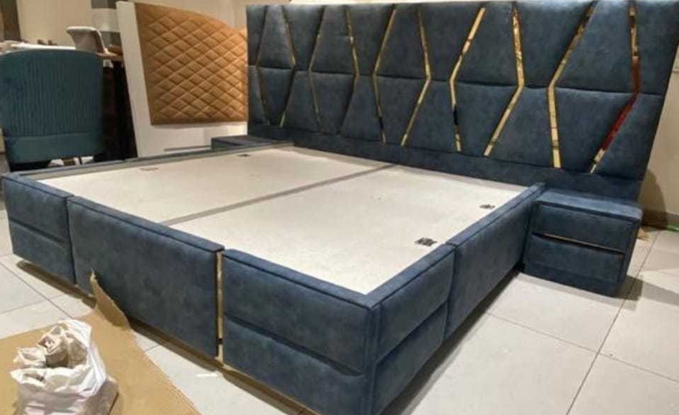 Luxury Blue and Gold Upholstered Bed view 2