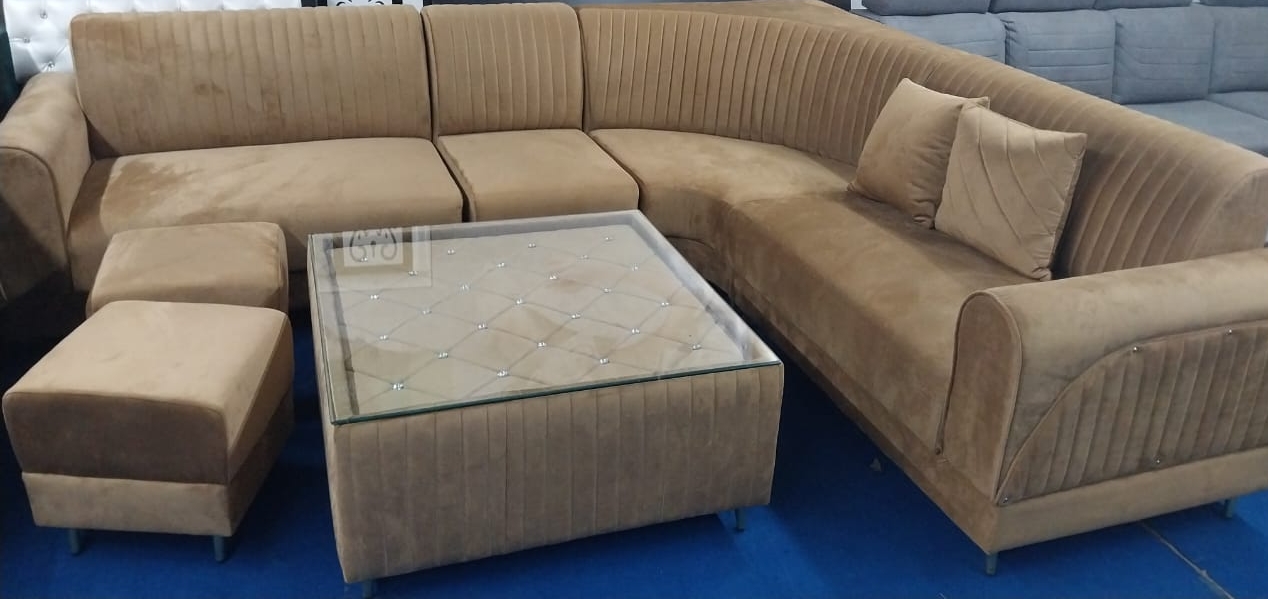 Tan Velvet Sectional Sofa Set view 2