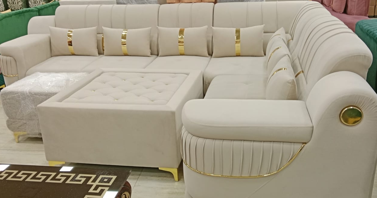 Elegant Cream and Gold Sectional Sofa view 2