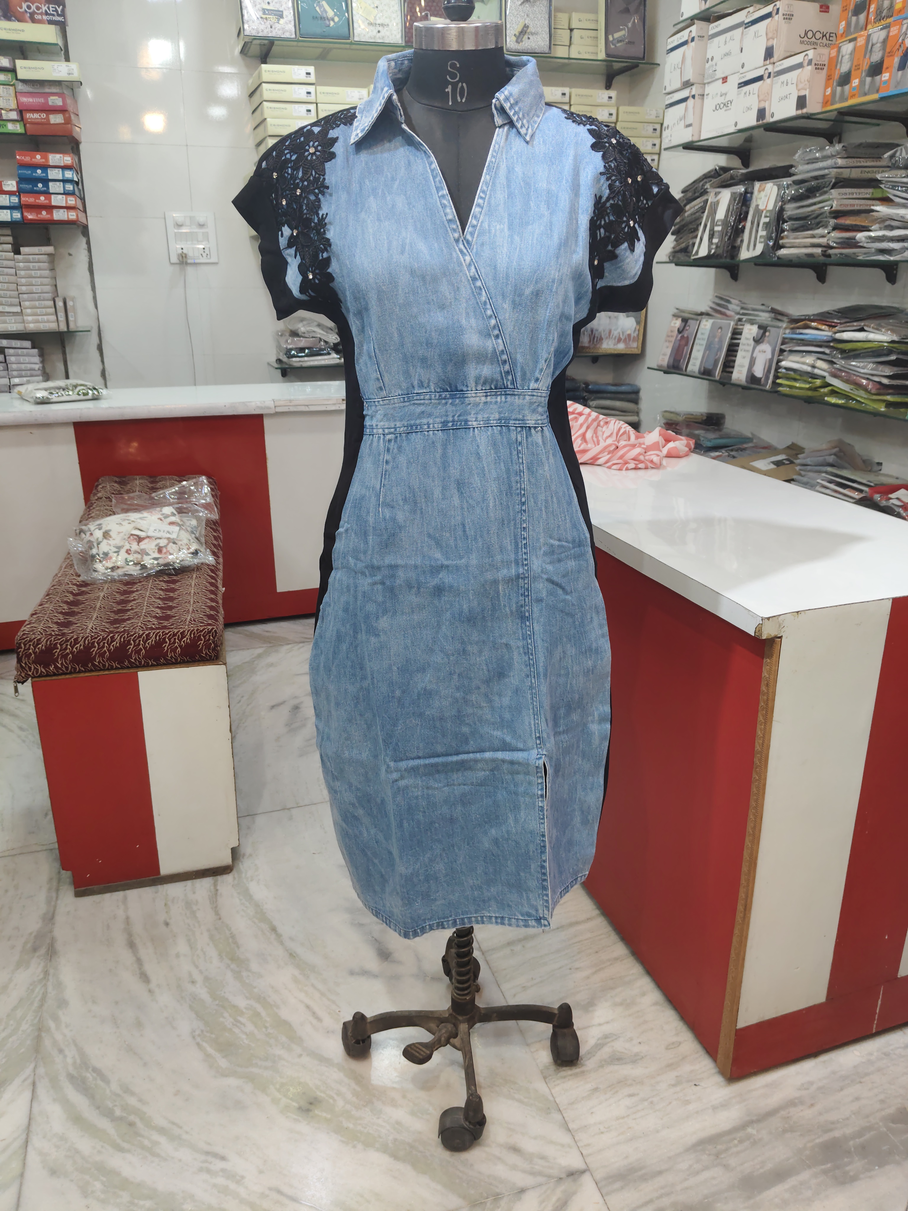 Denim Dress with Lace Sleeves view 2