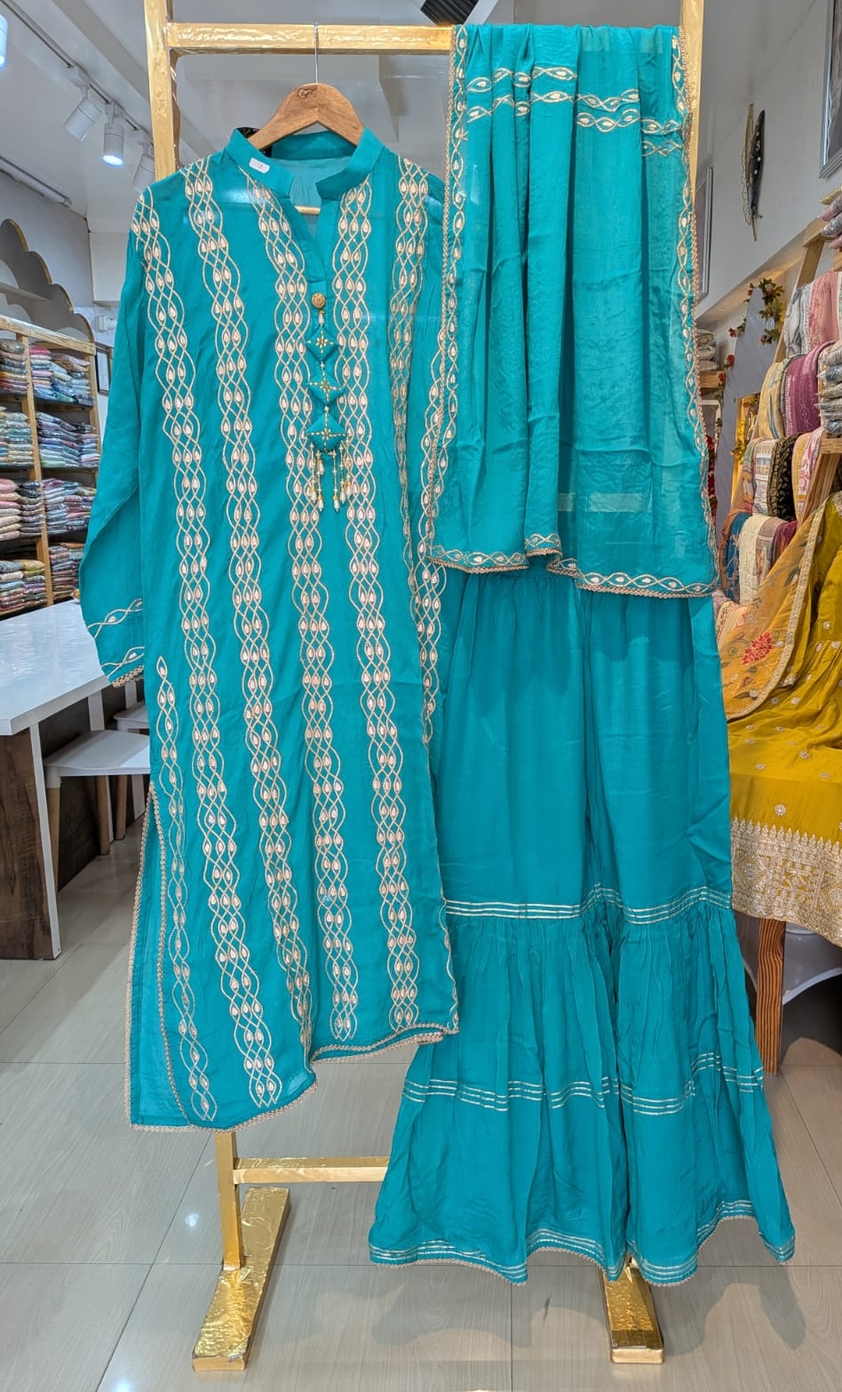Pure Chinon Embroidered Gota Patti Sharara Stitched Suit - Rama Green / HC001673 view 6