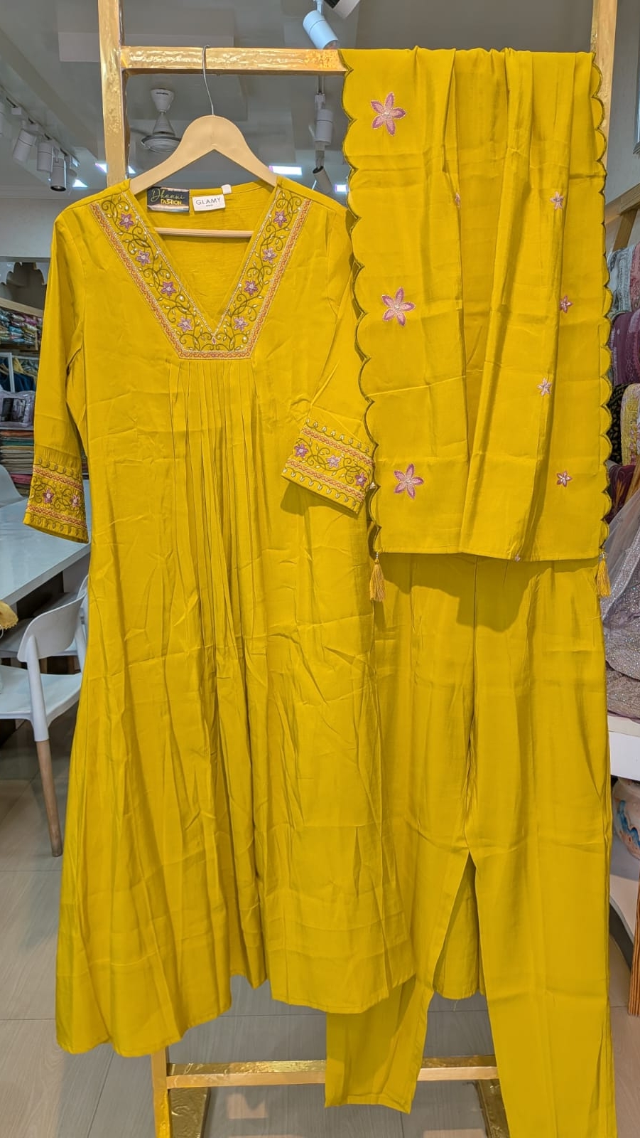 Designer And Stylish Embroidered Stitched Frock Suit  - Mustard / HC002027 view 5