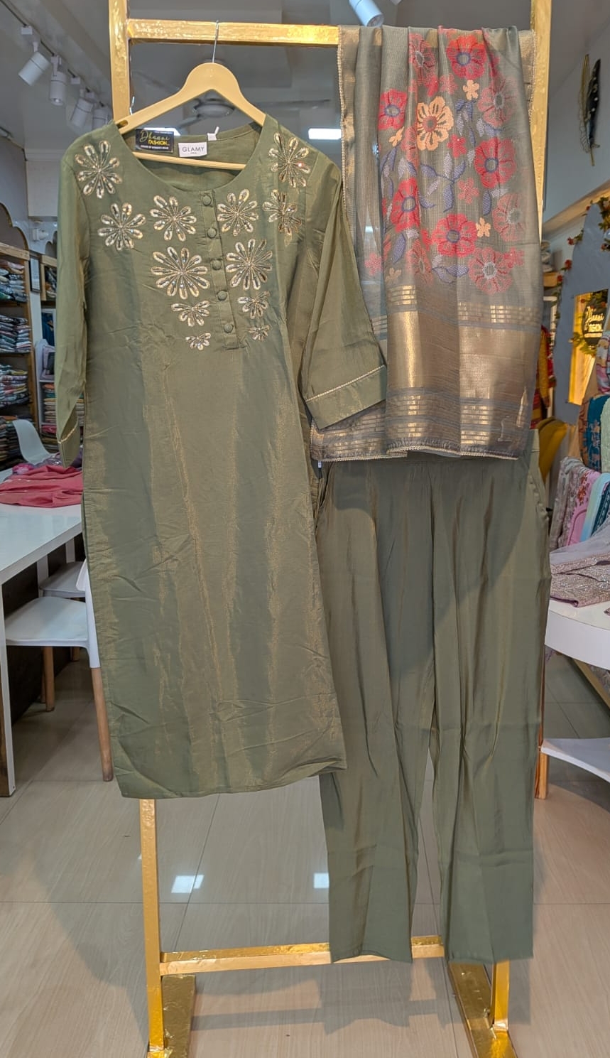 Embroidered Olive Green Stitched Suit  - Mehndi / HC002032 view 5