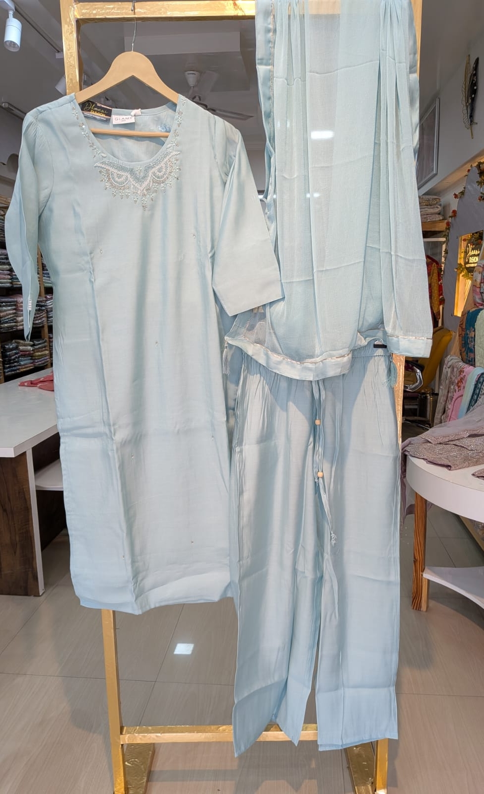 Plain Pure Roman Silk Stitched Suit - Firozi / HC002153 view 6