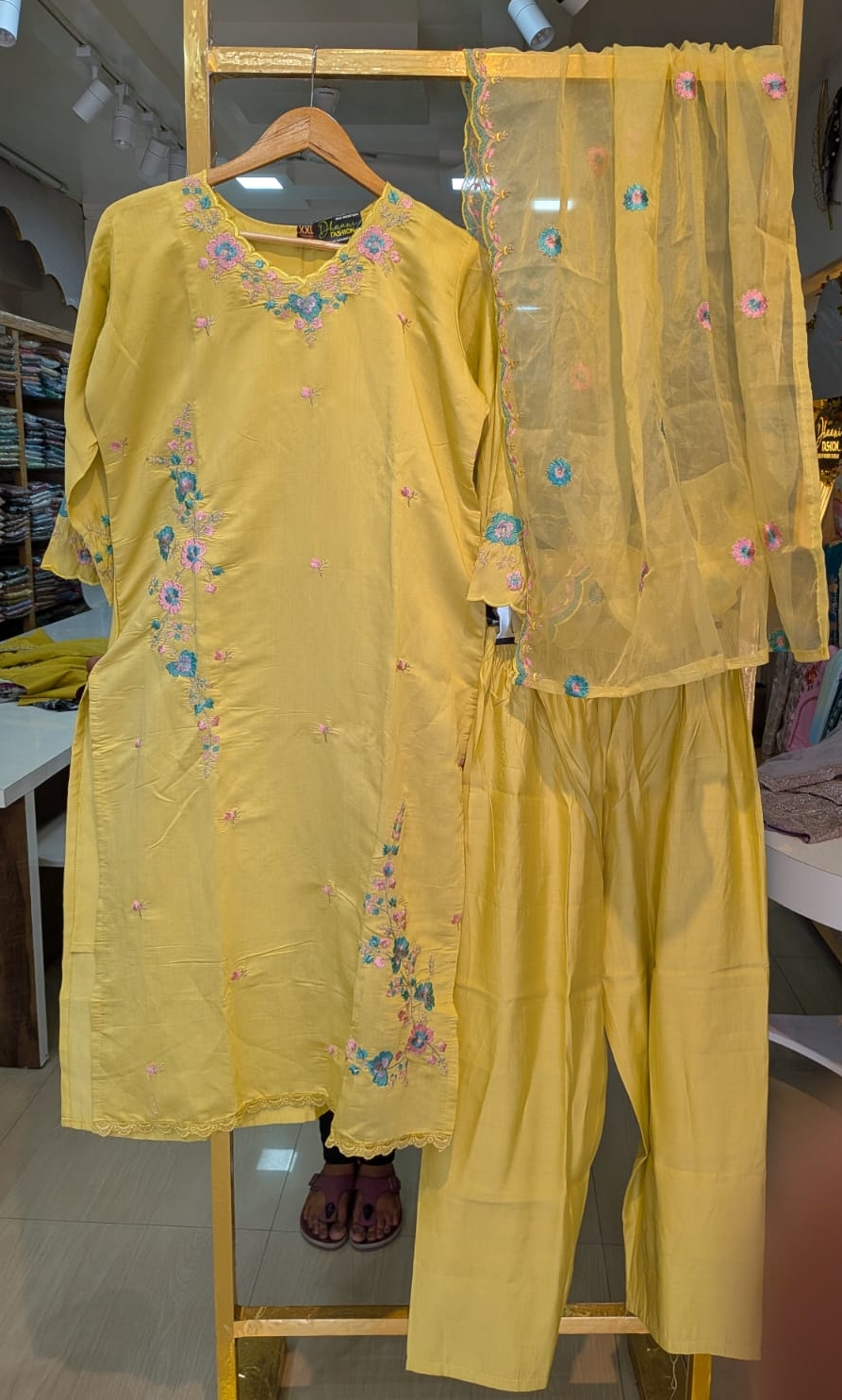 Embroidered Modal Silk Stitched Suit - Yellow / HC002164 view 6
