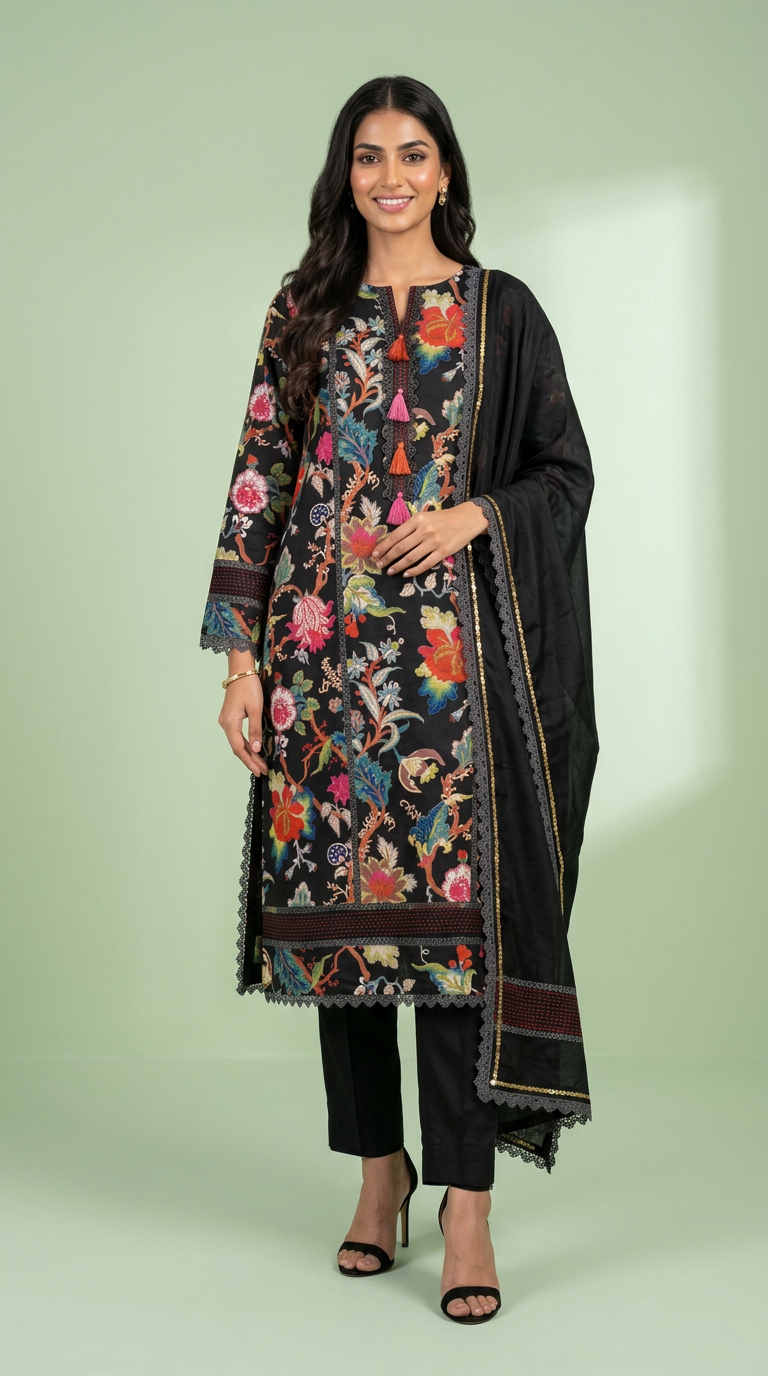 Embroidered Lees Cotton Designer Unstitched Suit - Black / HC002252 view 6