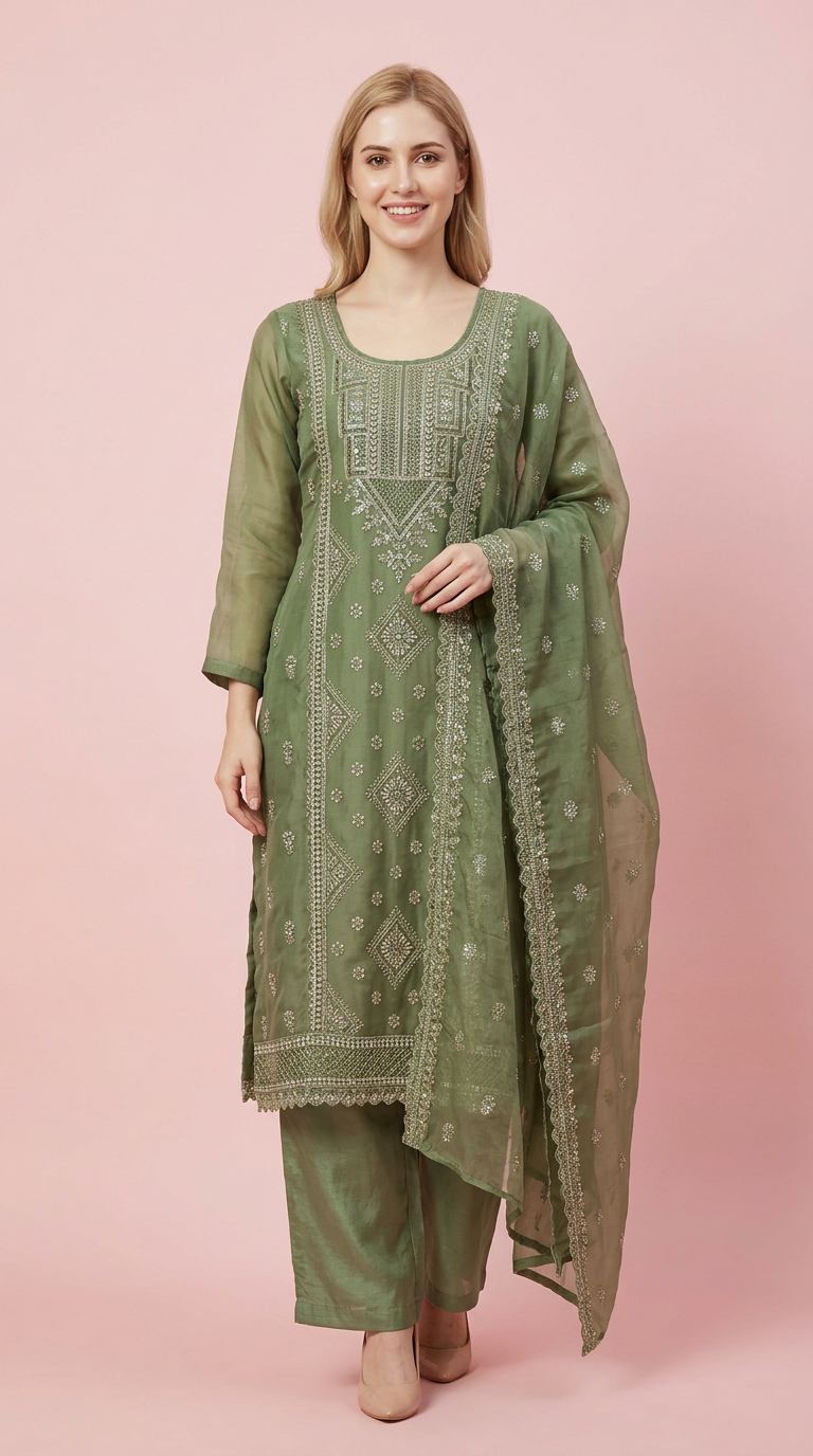 Embroidered Work Organza Stitched Suit Set - B3 / HC002321 view 5