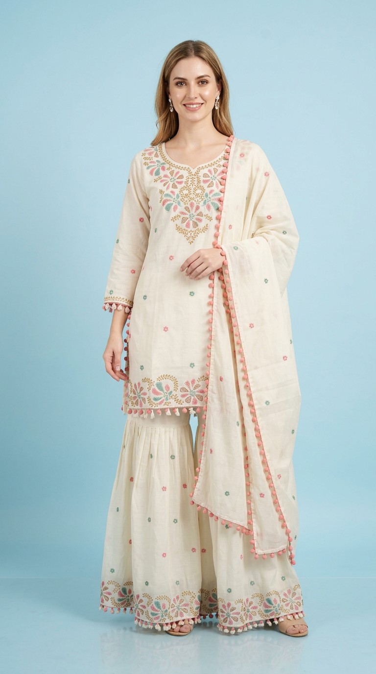 Pure Mal Cotton Embroidered Stitched Sharara Suit - 1060 L / HC002516 view 8